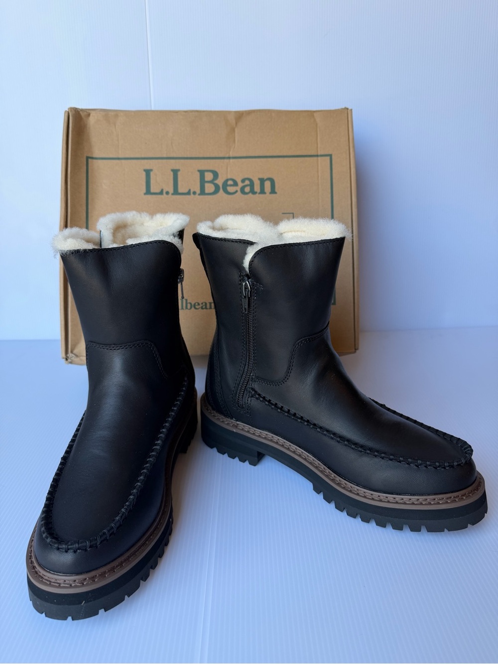 LL Bean Camden Hill Black Leather Shearling Lined Moto Winter Boots 7.5 Medium